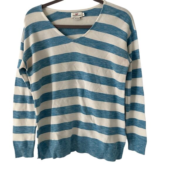 Vineyard Vines Blue and White Striped V-Neck Long Sleeve Cotton Sweater M - Picture 1 of 7